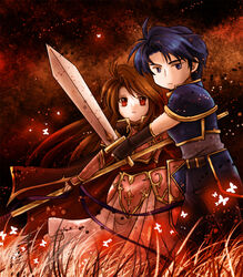  armor blue_hair brown_hair couple dreamsaga fire_emblem fire_emblem:_monshou_no_nazo fire_emblem:_shin_ankoku_ryuu_to_hikari_no_tsurugi fire_emblem_mystery_of_the_emblem fire_emblem_shadow_dragon lance nintendo pixiv_thumbnail polearm resized samson_(fire_emblem) sheema spear sword weapon 