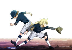  2girls baseball_base baseball_helmet baseball_mitt baseball_uniform blonde_hair clothes_writing commentary_request helmet hirasawa_yui k-on! kotobuki_tsumugi multiple_girls running shakeda_mamoshirou sleeves_rolled_up softball softball_uniform sportswear 