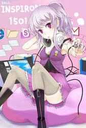  audio_cable audio_jack bad_id bad_pixiv_id badge bare_shoulders boots button_badge cigarette computer dell drawing_tablet female headphones headphones_around_neck highres internet_explorer kyouka1108 long_hair mouth_hold original pc_(personification) personification ponytail power_symbol purple_hair red_eyes sitting skirt skype smiley_face smoking solo thighhighs 