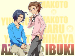  2boys ahoge bad_id bad_pixiv_id blue_hair brown_hair genderswap_(ftm) idolmaster idolmaster_(classic) juu_(juuzi) looking_at_viewer looking_back minase_iori miura_azusa multiple_boys pink_shirt rule_63 shirt smile untying 