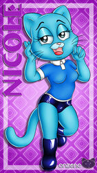  anthro blue_body blue_eyes blue_fur boots breasts cartoon_network clothed clothing domestic_cat fangs felid feline felis female footwear fur hi_res latex mammal mature_anthro mature_female nicole_watterson onzeno open_mouth solo teeth the_amazing_world_of_gumball tongue whiskers 