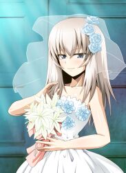  absurdres alternate_costume bare_shoulders blue_eyes blue_flower blush bouquet bridal_veil collarbone dress female flower girls_und_panzer grey_hair highres holding holding_bouquet itsumi_erika kamishima_kanon light_smile looking_at_viewer medium_hair sleeveless sleeveless_dress strapless strapless_dress veil wedding_dress white_dress white_flower 