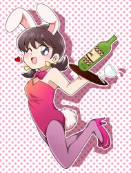  animal_ears black_pantyhose bottle cup detached_collar dotted_background drinking_glass female holding holding_tray jumping leotard one_eye_closed osomatsu-san osomatsu_(series) pantyhose pink_leotard playboy_bunny rabbit_ears rabbit_tail short_twintails smile solo tail tray tsubuta_hiro twintails wine_bottle wine_glass yowai_totoko 