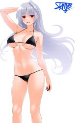  bikini black_bikini blue_hair breasts commentary_request engo_(aquawatery) feet_out_of_frame female large_breasts long_hair looking_at_viewer lyrical_nanoha mahou_shoujo_lyrical_nanoha navel open_mouth red_eyes reinforce signature simple_background solo standing swimsuit white_background 