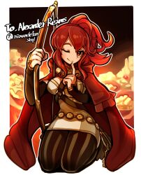  absurdres anna_(fire_emblem) bow_(weapon) breasts cape commission female fire_emblem fire_emblem_fates harness high_ponytail highres holding holding_bow_(weapon) holding_weapon hood hooded_cape large_breasts looking_at_viewer o-ring o-ring_harness one_eye_closed red_cape red_eyes red_hair sbql_(niaunclefan) striped_clothes striped_thighhighs thighhighs vertical-striped_clothes vertical-striped_thighhighs weapon 