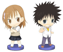  1boy a_certain_high_school_uniform bad_id bad_pixiv_id brown_eyes brown_hair chibi enoki_p faux_figurine female hair_ornament hairpin kamijou_touma misaka_mikoto school_uniform skirt toaru_kagaku_no_railgun toaru_majutsu_no_index tokiwadai_school_uniform uniform 