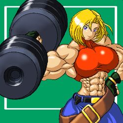  abs blonde_hair blue_eyes blue_mary breasts dumbbell extreme_muscles fatal_fury female female king_of_fighters lowres muscle muscles muscular oekaki one_hand ren_(tainca2000) snk solo strong weight_lifting weightlifting weights working_out workout 