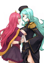  2girls angry aqua_hair asymmetrical_docking blue_eyes bracelet breast_contest breast_press breasts brown_eyes cape clothing_cutout commentary_request crown epaulettes eye_contact face-to-face gloves hat holding_hands imagawa_yoshimoto_(sengoku_collection) interlocked_fingers jewelry large_breasts long_hair looking_at_another multiple_girls oda_nobunaga_(sengoku_collection) open_mouth pink_hair sengoku_collection simple_background skirt thighhighs totteri underboob underboob_cutout wavy_hair white_background white_gloves 