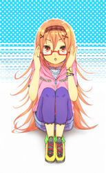  1boy afuro_terumi aphrodi bad_id blonde_hair crossdressing crossdressing glasses headband inazuma_eleven inazuma_eleven_(series) leggings long_hair male male_focus red-framed_glasses red_eyes retoro sitting solo trap 