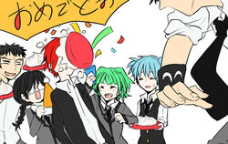  2girls 4boys akabane_karma ansatsu_kyoushitsu black_hair blue_hair braid closed_eyes food glasses green_hair hat kayano_kaede long_hair multicolored_hair multiple_boys multiple_girls necktie okuda_manami open_mouth plate red_hair school_uniform shiota_nagisa short_hair sugino_tomohito terasaka_ryouma vest wristband 