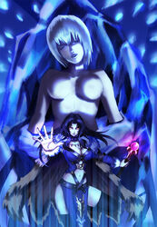  2girls belt black_hair black_legwear blue_theme breasts cape choker closed_eyes commentary_request fantasy fur highres ice large_breasts long_hair marky_(shining_force) multiple_girls navel photoshop_(medium) red_eyes shining_(series) shining_force_iii short_hair silver_hair smile thighhighs tokidoki wand witch 