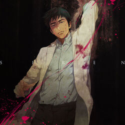  1boy bad_id bad_pixiv_id black_background black_eyes black_hair blood blood_splatter commentary_request copyright_name dress_shirt lab_coat male_focus miyata_shirou pink_blood shirt siren_(series) siren_1 solo suzuki_tsuta 