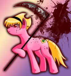  2012 alternate_species blonde_hair blood bodily_fluids cartoon_network crossover cutie_mark earth_pony equid equine female feral hair hasbro hi_res holding_object holding_weapon horse mammal mandy_(tgaobam) melee_weapon my_little_pony polearm ponification pony red_eyes scythe silent-sid_1992 solo the_grim_adventures_of_billy_and_mandy weapon 