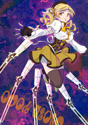  beret black_thighhighs blonde_hair boots breasts character_name commentary_request corset detached_sleeves drill_hair female gun hair_ornament hat large_breasts madoka_runes magical_girl magical_musket mahou_shoujo_madoka_magica mahou_shoujo_madoka_magica_(anime) makoto1009 outstretched_arms pleated_skirt puffy_sleeves skirt smile solo thighhighs tomoe_mami tomoe_mami_(magical_girl) weapon yellow_eyes 