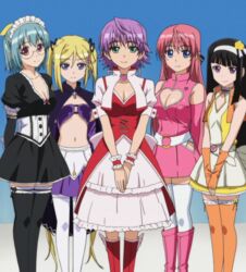  5girls anime_screenshot arms_behind_back black_hair blonde_hair blue_background blue_eyes blue_hair boots breasts byakudan_midori detached_sleeves frills glasses green_eyes hair_ornament hairclip himenohara_suzuran kanojo_x_kanojo_x_kanojo large_breasts long_hair looking_at_viewer multiple_girls orifushi_akina orifushi_mafuyu orifushi_natsumi own_hands_together pink_hair purple_eyes purple_hair short_hair skirt standing thighhighs twintails zettai_ryouiki 