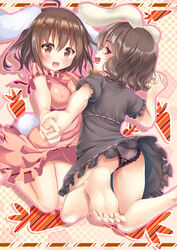  2girls absurdres alternate_color animal_ears ass bare_legs barefoot black_dress blush breasts brown_eyes brown_hair carrot collaboration commentary_request covered_nipples dress dual_persona ecou feet grey_panties has_bad_revision highres holding_hands inaba_tewi interlocked_fingers jewelry kneeling lace lace-trimmed_panties lace_trim large_breasts looking_at_viewer looking_back md5_mismatch multiple_girls necklace open_mouth panties pantyshot pendant pink_dress puffy_short_sleeves puffy_sleeves rabbit_ears rabbit_tail red_eyes resolution_mismatch short_sleeves smile source_smaller tail touhou underwear unushi 