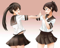  2girls absurdres ayanami_(kancolle) black_ribbon blush brown_eyes brown_hair brown_skirt closed_eyes commentary gradient_background hair_ribbon highres index_finger_raised kantai_collection kazu_(really_in_hot_water_now) koi_dance long_hair looking_at_another multiple_girls open_mouth pleated_skirt ponytail ribbon school_uniform serafuku shikinami_(kancolle) short_hair short_sleeves side_ponytail skirt 