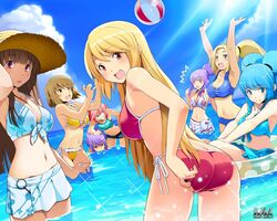  6+girls ^^^ adjusting_clothes adjusting_swimsuit arms_up ass bad_link ball beachball bikini blonde_hair blue_hair blue_sarong breasts brown_hair cloud cosmic_break crimrose day front-tie_top hat highres innertube jikun_hu jikun_long large_breasts lazflamme light_rays lily_rain looking_back multiple_girls navel ocean open_mouth outdoors pink_hair print_sarong purple_hair rei_(cosmic_break) sarong side-tie_bikini_bottom skirt sky smile straw_hat sunbeam sunlight swim_ring swimsuit thoarla_nimbus wading wakaba_sprout water white_sarong winberrl 