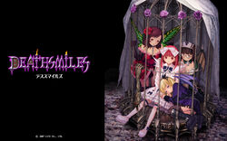  4girls bat blonde_hair blonde_hair blue_eyes boots bow breasts brown_hair cage casper casper_(deathsmiles) cave_(developer) cleavage deathsmiles dress flower follett follett_(deathsmiles) frills glasses gothic_lolita highres lolita_fashion lying mary_janes multiple_girls pink_hair red_eyes red_hair rosa rosa_(deathsmiles) rose shoes sitting windia windia_(deathsmiles) wings xbox_360 