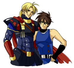  2boys armor blonde_hair blue_eyes brown_hair camelot cape friends green_eyes male male_focus medion multiple_boys ponytail prince sega shining_(series) shining_force shining_force_3 synbios 