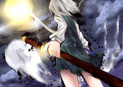  commentary_request female ghost hairband hitodama katana konpaku_youmu konpaku_youmu_(ghost) metalwasabi photoshop_(medium) short_hair solo sword touhou weapon white_hair 