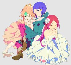  3girls artist_request blue_hair boots dress female formal inazuma_eleven inazuma_eleven_(series) kawwa kurakake_clara kurione_yuki legwear mask multiple_girls off_shoulder purple_hair short_hair stockings thighhighs touchi_ai 