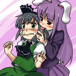  2girls aka-kabuto_no_gema blush commentary_request eargasm hands konpaku_youmu licking licking_ear multiple_girls reisen_udongein_inaba touhou uncommon_stimulation yuri 