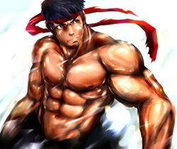  1boy abs alternate_skin_color bara black_hair commentary dark-skinned_male dark_skin doro_rich headband male_focus muscular muscular_male photoshop_(medium) ryu_(street_fighter) shiny_skin short_hair solo street_fighter topless_male 