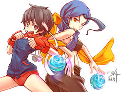  2girls ;) ahoge alternate_costume armor back-to-back bandana black_hair blue_hair buruma commentary_request dated energy_ball gym_uniform hagoromo headband huge_ahoge jacket japanese_armor kasugano_sakura kote multiple_girls one_eye_closed rose_(street_fighter) ryuuto_(ryutopia) scarf shawl single_hair_intake smile street_fighter street_fighter_iv_(series) track_jacket whistle 