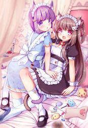  2girls :3 animal_ears apron bed bed_sheet bell bow brown_hair candy cat_ears cat_hair_ornament cat_tail commentary_request cuffs curtains flower food hair_ornament hairbow hairclip indoors looking_at_viewer looking_back maid maid_headdress mary_janes multiple_girls nail_polish on_bed original package paw_pose photo_(object) photoshop_(medium) pink_eyes prinz_luzifer puffy_short_sleeves puffy_sleeves purple_eyes purple_hair ribbon rose shoes short_sleeves socks stuffed_animal stuffed_mouse stuffed_toy tail tail_wrap transparent twintails wrist_cuffs yuri 