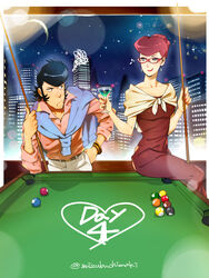  billiard_ball billiards dandy_(space_dandy) dress earrings glass glasses heart jewelry lipstick makeup pompadour pool_stick red_hair samba-temperado scarlet_(space_dandy) skyline space_dandy 