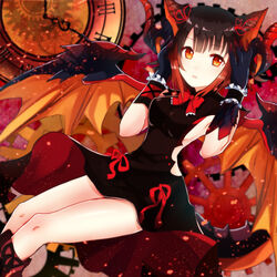  armpits black_dress black_hair blush bow breasts clock clothing_cutout commentary_request dragon_girl dragon_horns dragon_tail dragon_wings dress female gears hair_between_eyes hair_ornament hairbow hand_on_own_head highres horns looking_at_viewer medium_breasts multicolored_hair myr_(p&amp;d) open_mouth orange_eyes orange_hair photoshop_(medium) puzzle_&amp;_dragons ruchita short_hair side_cutout sideless_outfit sitting solo tail thighs two-tone_hair wings 