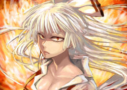  :| bad_id bad_pixiv_id blunt_bangs bow breasts cleavage closed_mouth dress_shirt female fiery_background fire fujiwara_no_mokou hairbow large_breasts lips long_hair looking_at_viewer red_eyes setsuri_(tubaki) shirt solo touhou upper_body v-shaped_eyebrows very_long_hair white_hair 