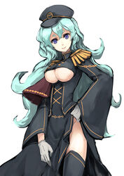  aqua_hair black_thighhighs blue_eyes breasts clothing_cutout commentary_request epaulettes female gloves hand_on_own_hip hat imagawa_yoshimoto_(sengoku_collection) long_hair medium_breasts sengoku_collection simple_background smile solo thighhighs totteri underboob underboob_cutout wavy_hair white_background white_gloves 