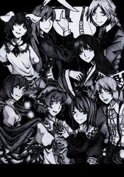  6+girls chotto commentary_request everyone fujiwara_no_mokou greyscale highres houraisan_kaguya imperishable_night inaba_tewi kamishirasawa_keine monochrome multiple_girls mystia_lorelei reisen_udongein_inaba touhou traditional_media wriggle_nightbug yagokoro_eirin 