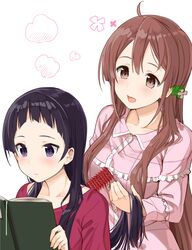  2girls :d absurdres ahoge black_eyes black_hair blush book brown_eyes brown_hair brushing_another&#039;s_hair brushing_hair commentary_request expressionless green_scrunchie hair_down hair_ornament hair_scrunchie highres holding holding_another&#039;s_hair holding_book jpeg_artifacts long_hair max_melon multiple_girls open_book open_mouth oribe_ririko pajamas sakura_quest scrunchie shinomiya_shiori smile very_long_hair 