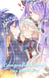  3girls blue_hair camilla_(fire_emblem) closed_eyes commentary_request corrin_(female)_(fire_emblem) corrin_(fire_emblem) fire_emblem fire_emblem_fates hair_over_one_eye head_wreath multiple_girls oboro_(fire_emblem) pointy_ears purple_eyes purple_hair rojiura-cat siblings smile white_hair 