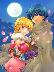  baten_kaitos blonde_hair blue_hair cherry_blossoms couple kalas moon xelha 