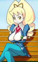  alternate_breast_size bench breasts capcom cleavage cute female rockman ryuusei_no_rockman shirogane_luna sitting smile solo 