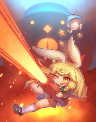  animal_ears arm_cannon blazer blonde_hair blush braid commentary_request cosplay female jacket kirisame_marisa mushroom new_super_marisa_land one_eye_closed panties pantyshot pleated_skirt rabbit_ears rabbit_girl rabbit_tail reisen_udongein_inaba reisen_udongein_inaba_(cosplay) reiuji_utsuho reiuji_utsuho_(bird) ribbon sankuma side_braid skirt solo star_(symbol) tail touhou underwear weapon white_panties wings yellow_eyes 