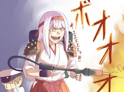  1boy admiral_(kancolle) commentary covering_face covering_own_eyes female fire flamethrower gesugao ishii_hisao kantai_collection laughing little_boy_admiral_(kancolle) obutsu_wa_shoudoku_da out_of_character shoukaku_(kancolle) shoulder_spikes spikes weapon 