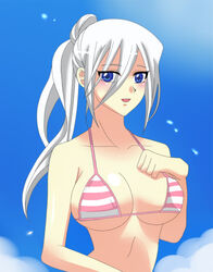  bikini blue_eyes blush breasts cleavage female female kisara outdoors ponytail sky solo swimsuit white_hair yu-gi-oh! yuu-gi-ou_duel_monsters 