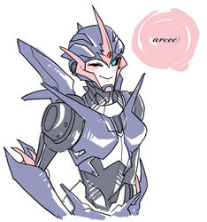  arcee autobot blue_eyes blush character_name female mecha_girl shiroyama_rikuta smile transformers transformers_prime white_background wink 