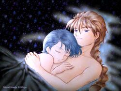  1998 bed blue_eyes blue_hair brown_hair closed_eyes couple cuddle cuddling duo_maxwell gundam gundam_wing hilde_schbeiker hotaka_hitomi hug love naked_sheet nude romantic signature 