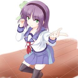  angel_beats! commentary_request female green_eyes hairband nakamura_yuri purple_hair school_uniform serafuku short_hair thighhighs yuzuki_karin 