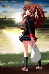  bag brown_hair commentary_request female from_behind highres little_busters! little_busters!_school_uniform long_hair looking_back natsume_rin plaid plaid_skirt plastic_bag ponytail red_eyes river school_uniform skirt solo suemizu_yuzuki sunset 