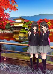  2girls autumn autumn_leaves bad_id bad_nicoseiga_id chikuwa_(odennabe) day hill kinkaku-ji kyoto multiple_girls original outdoors photoshop_(medium) pond pose real_world_location school_uniform siblings sky travel tree twins v water 