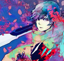  baten_kaitos blue_eyes blue_hair cherry_blossoms kalas male male_focus sword weapon 