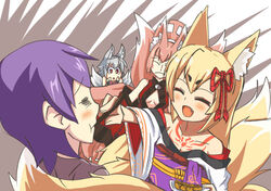  1boy 3girls ^_^ animal_ear_fluff animal_ears bad_deviantart_id bad_id bare_shoulders blonde_hair blush chopsticks cleavage_cutout closed_eyes clothing_cutout commentary feeding food fox_ears fox_tail grandmastag grey_hair grey_tail holding japanese_clothes jpeg_artifacts kimono kitsu_(mon-musu_quest!) kitsune long_hair luka_(mon-musu_quest!) mon-musu_quest! multiple_girls oerba_yun_fang open_mouth plate purple_hair red_eyes red_hair short_hair smile tail tamamo_(mon-musu_quest!) tattoo tofu yao_(mon-musu_quest!) 