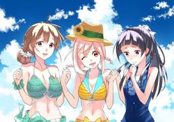  3girls ;d alternate_hairstyle bikini blue_one-piece_swimsuit braid breasts brown_eyes brown_hair casual_one-piece_swimsuit cloud commentary_request day flower girl_sandwich green_bikini green_scrunchie hair_bun hat hat_flower holding_hands jpeg_artifacts koharu_yoshino kohinata_iroha large_breasts looking_at_viewer medium_breasts multiple_girls navel one-piece_swimsuit one_eye_closed open_mouth oribe_ririko pink_hair ponytail sakura_quest sandwiched scrunchie shinomiya_shiori single_hair_bun sky small_breasts smile sun_hat swimsuit twin_braids wavy_mouth wrist_scrunchie yellow_bikini 